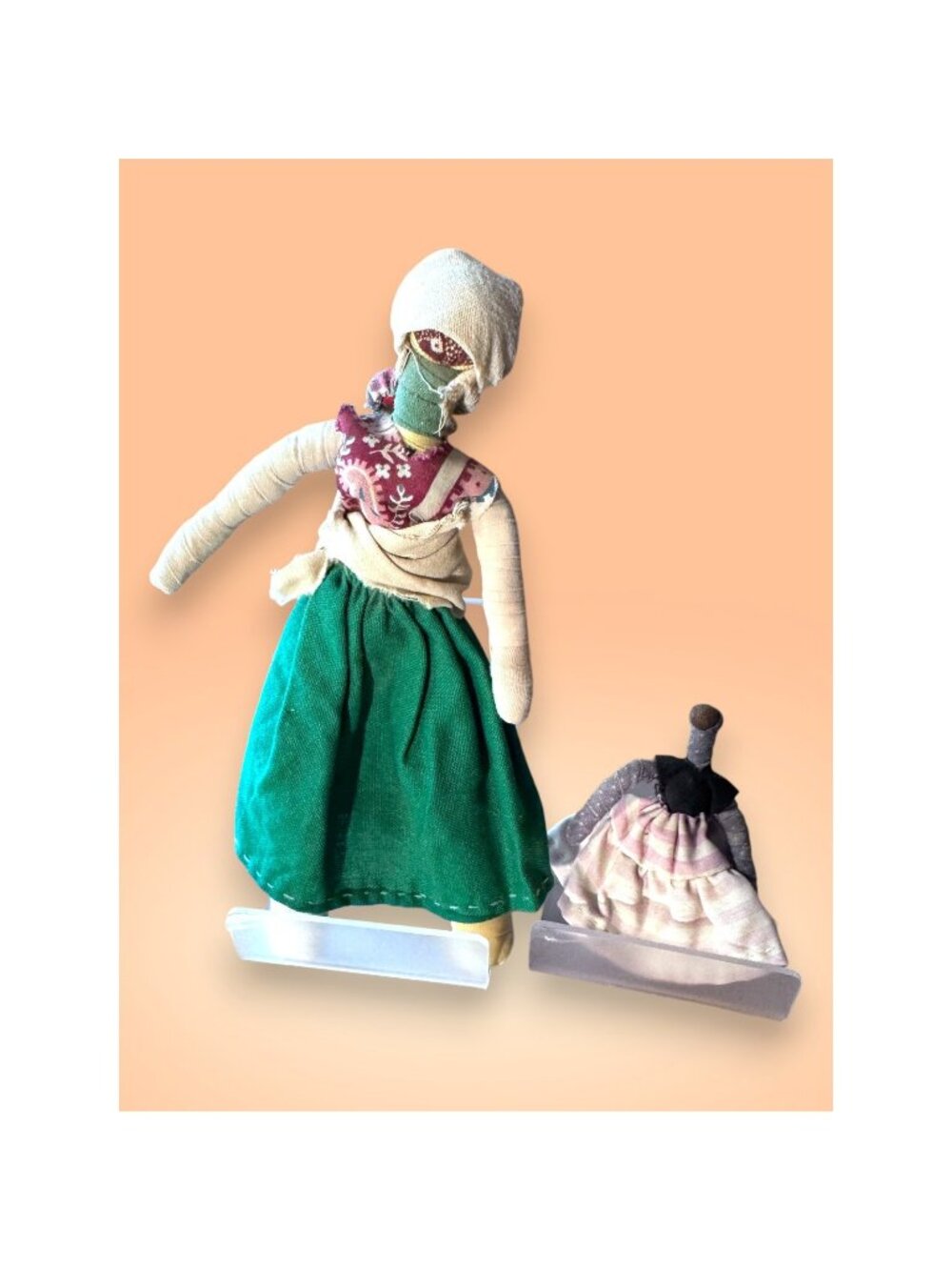 Handmade Vintage Folk Rag Dolls Set - 8" & 3" Fabric Cloth Dolls - 1940s